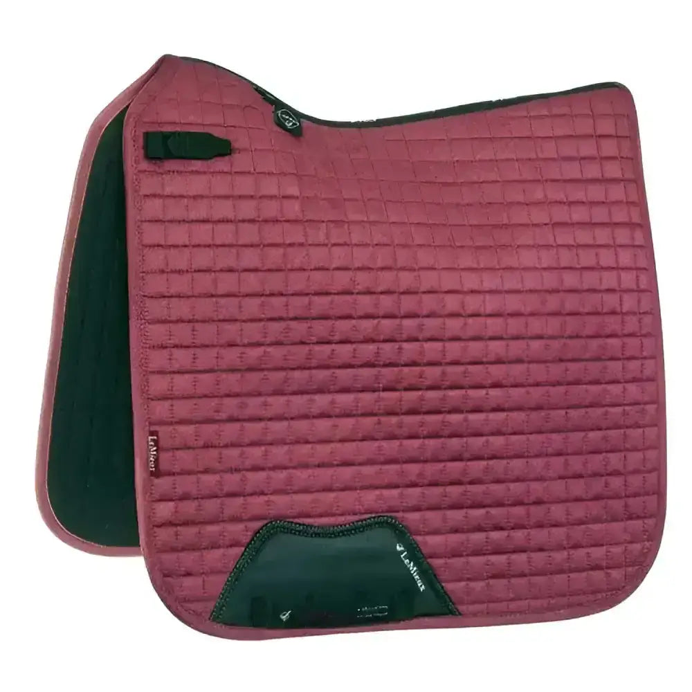 A maroon lemieux prosport suede dressage square with soft suede binding and lambs logo in dark green trim