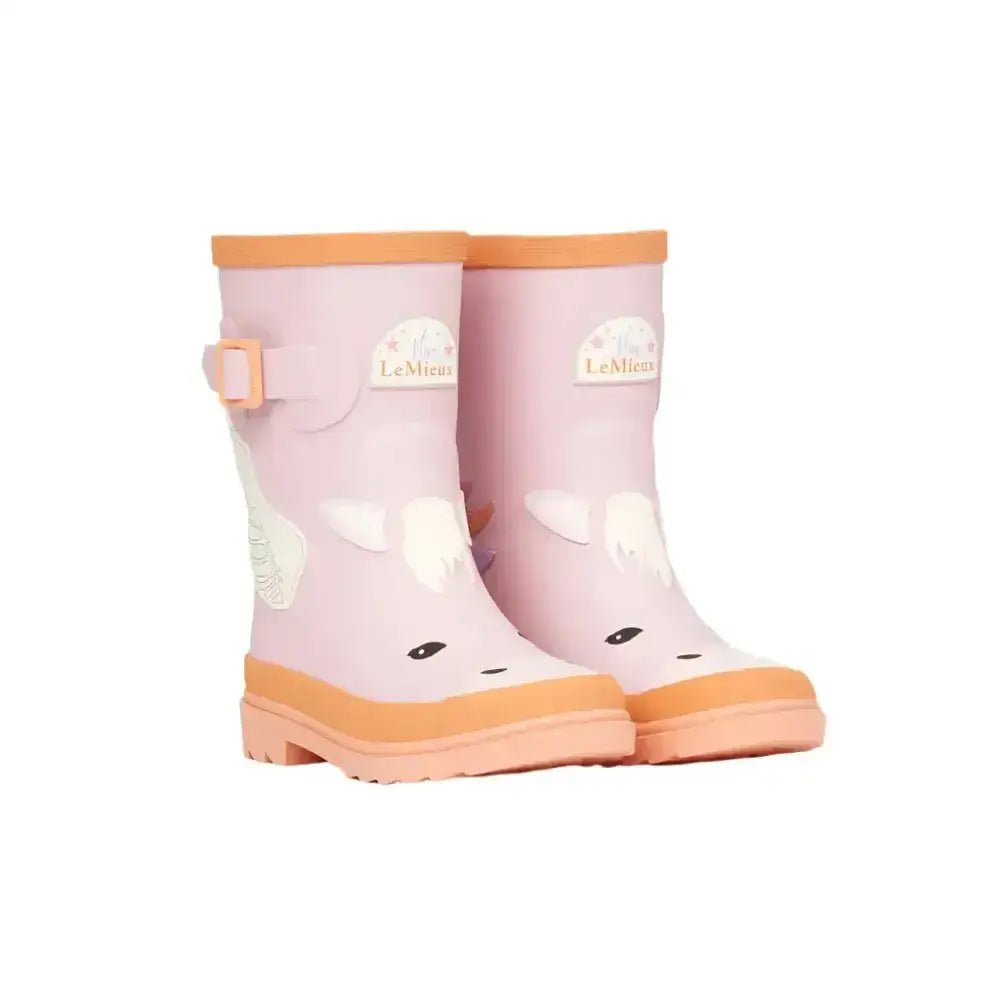 Pink unicorn-themed rubber boots with orange trim and buckle detail from lemieux puddle pals kids welly pegasus collection