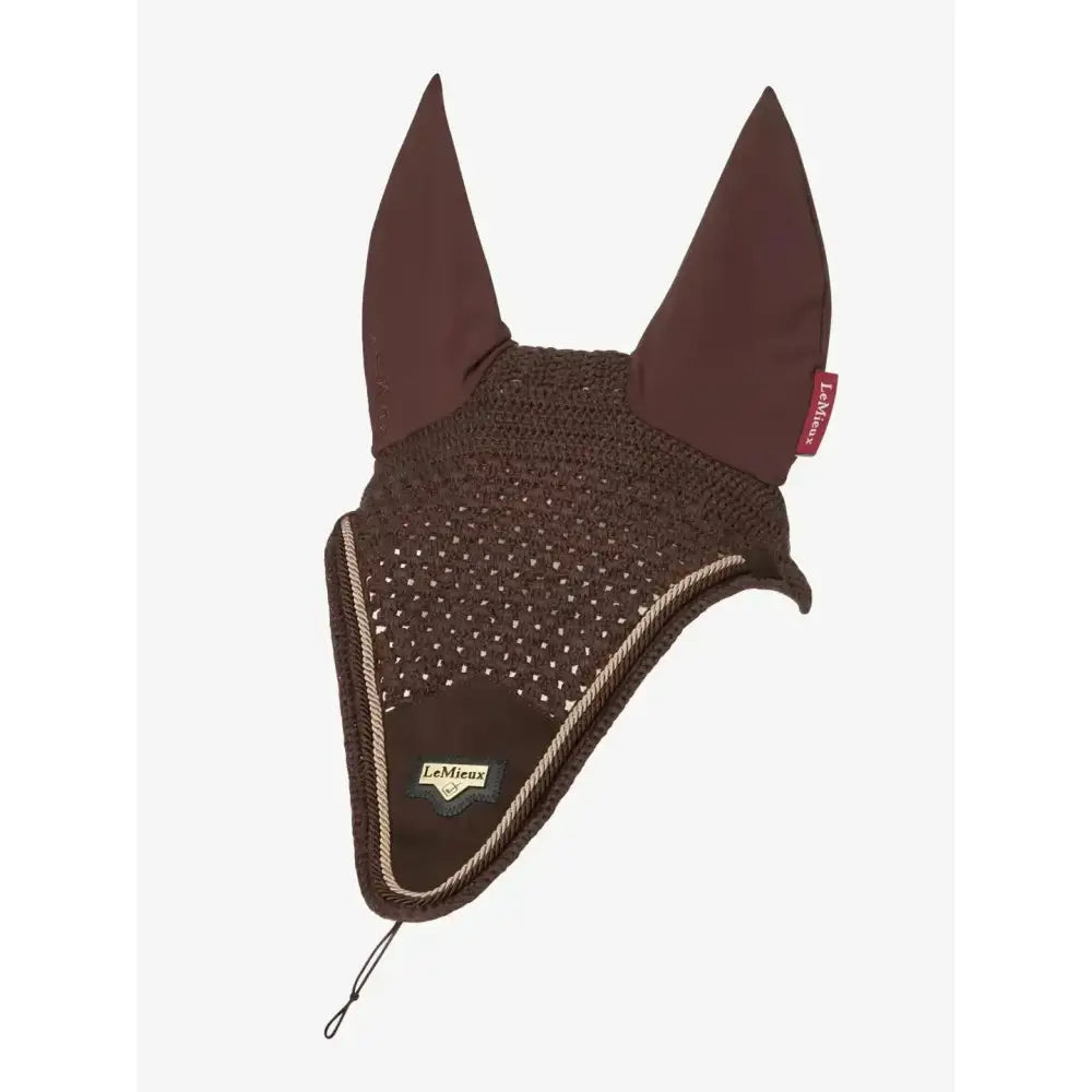 Brown lemieux puissance fly hood with mesh fabric and braided trim for a stylish fly hood brown option
