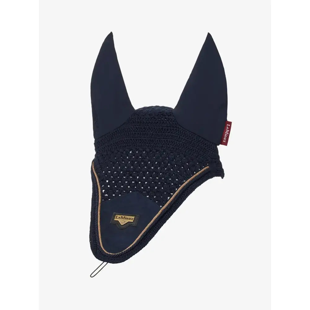 Navy lemieux puissance fly hood with gold trim mesh ear flap designed for equestrian use fly hood navy