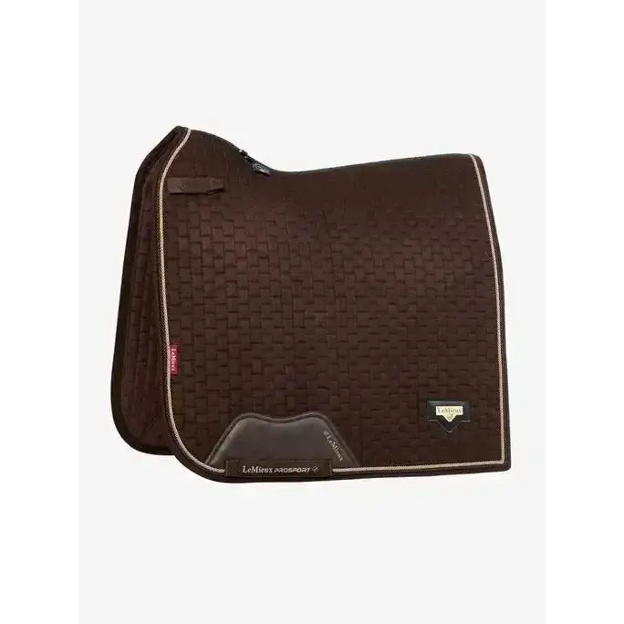 Brown lemieux puissance suede dressage square with sophisticated cord edging and black leather panel featuring lemieux logo
