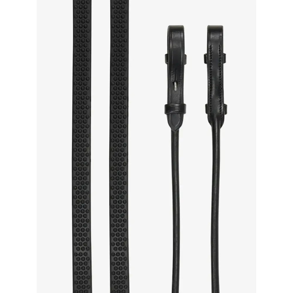 Black leather lemieux rolled reins with dotted texture and silver metal buckle for elegant black silver look