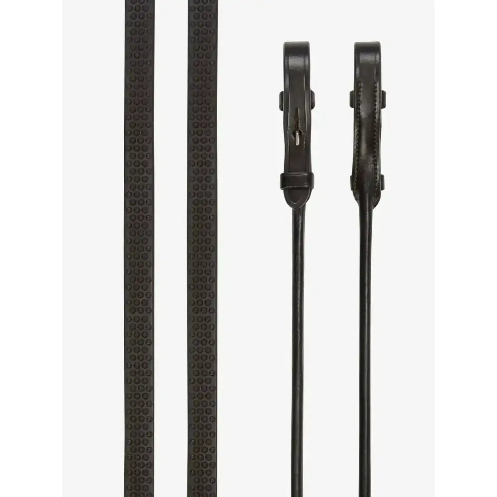 Lemiuex rolled reins in brown silver leather with embossed text and a sturdy buckle for elegant rolled bridle use