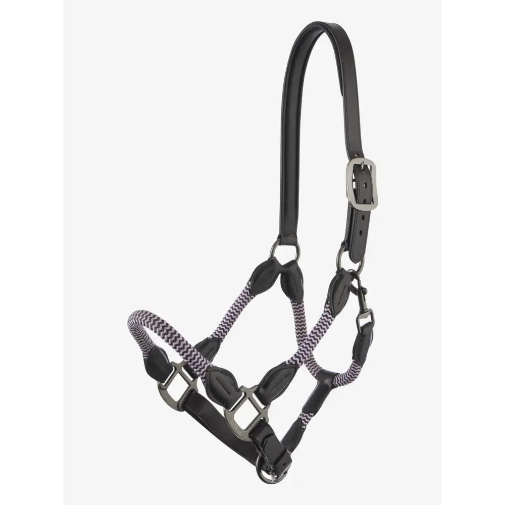 Black leather lemieux ropella headcollar with silver hardware and braided gray and white rope section lilac style