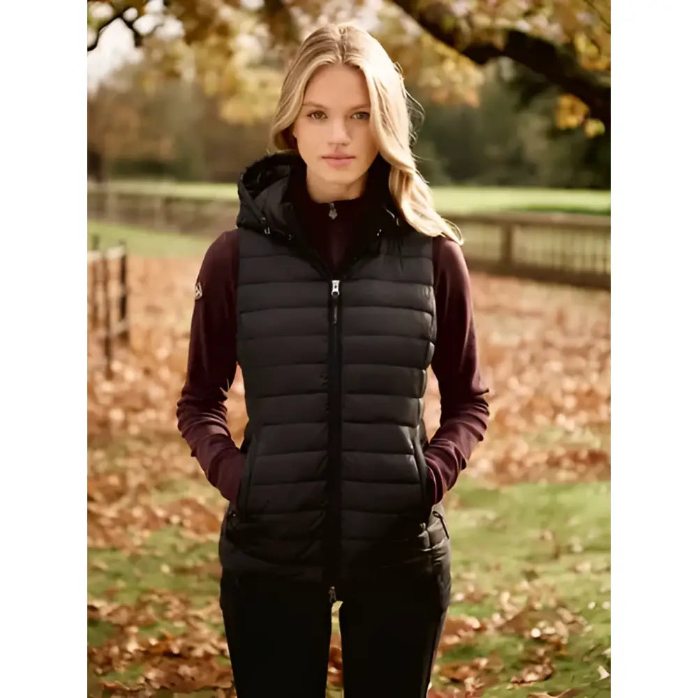 Black quilted lemieux rose hooded puffer gilet with front zipper perfect for layering and outdoor wear