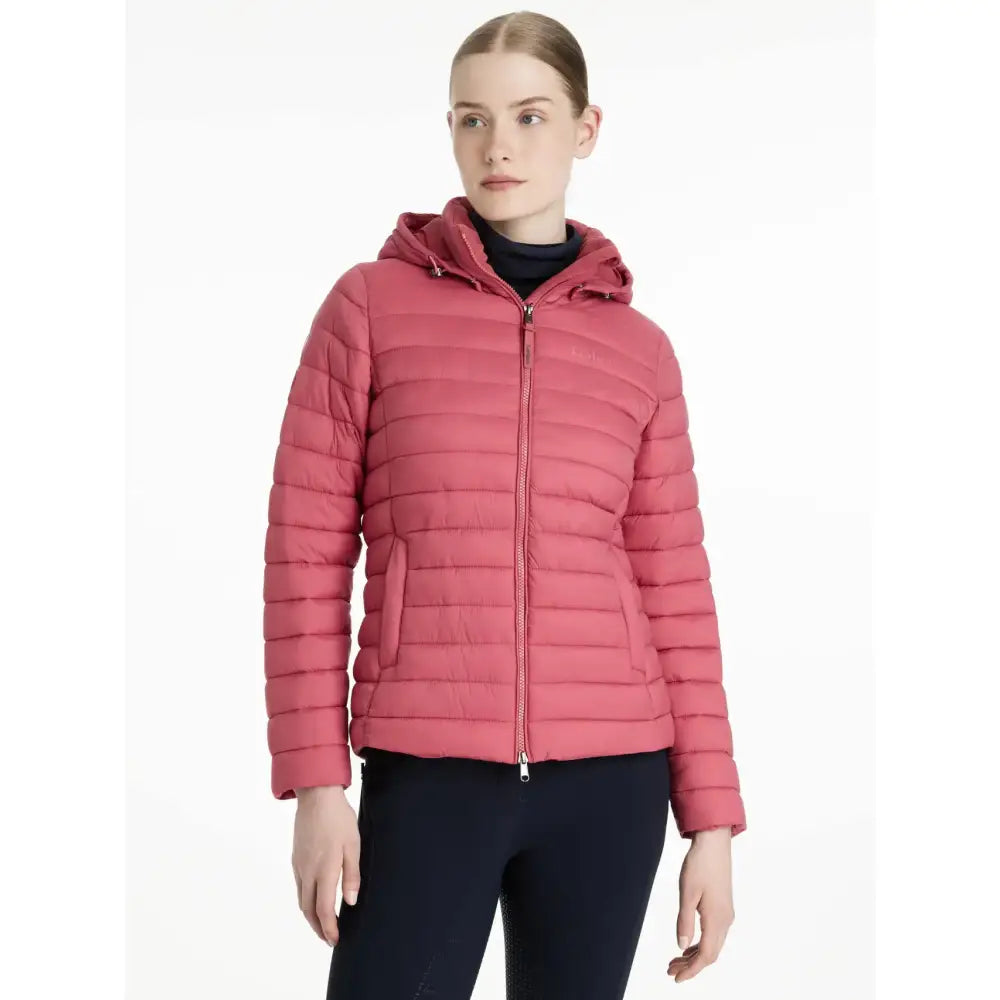 Pink quilted lemieux rose hooded cranberry puffer jacket with front zipper perfect for chilly weather