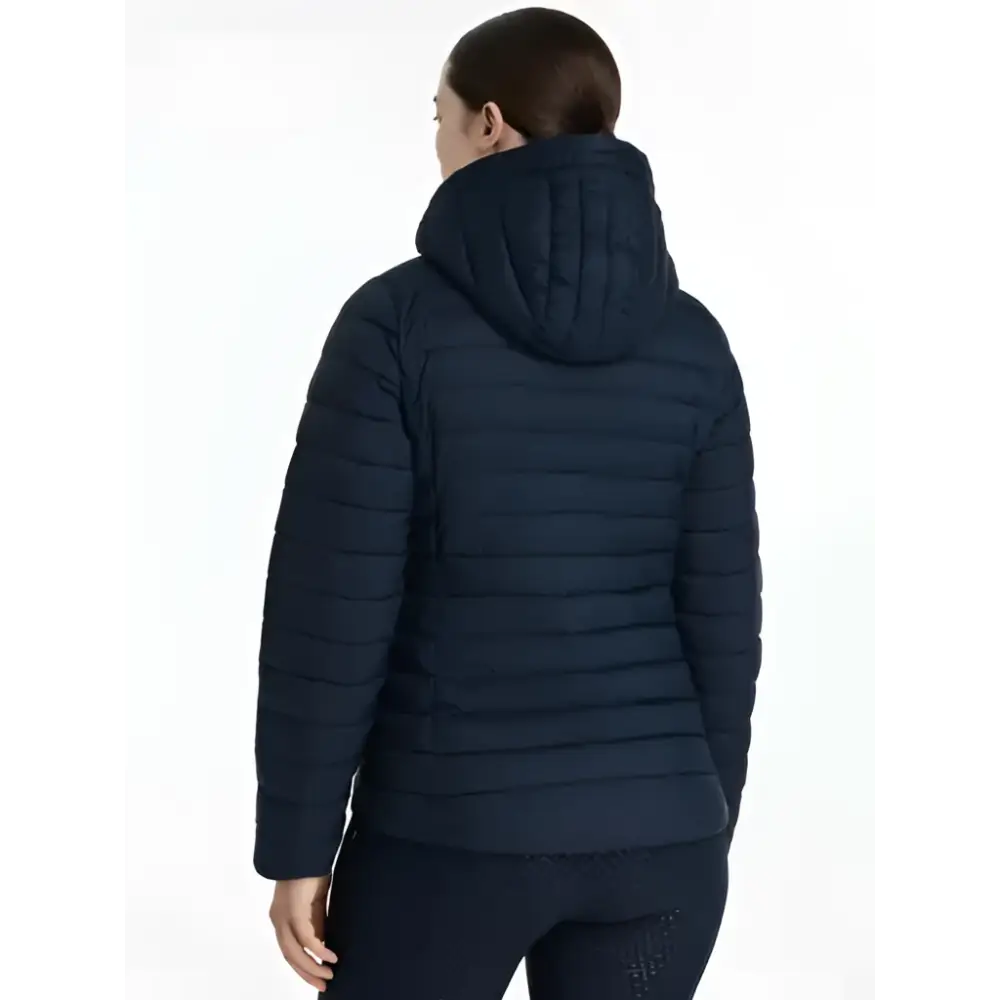 Dark navy lemieux rose hooded puffer jacket with quilted design and cozy hood perfect for cold weather