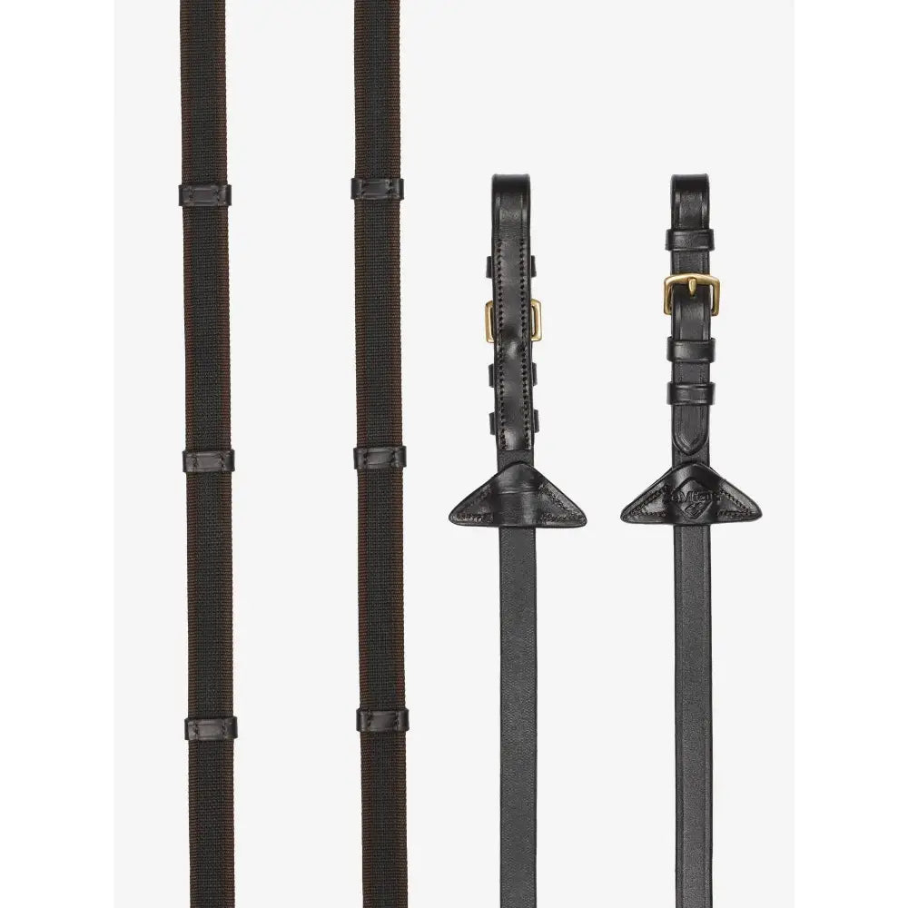 Brown brass lemieux rubber grip continental reins made of leather with brass buckles and triangular ends for riding