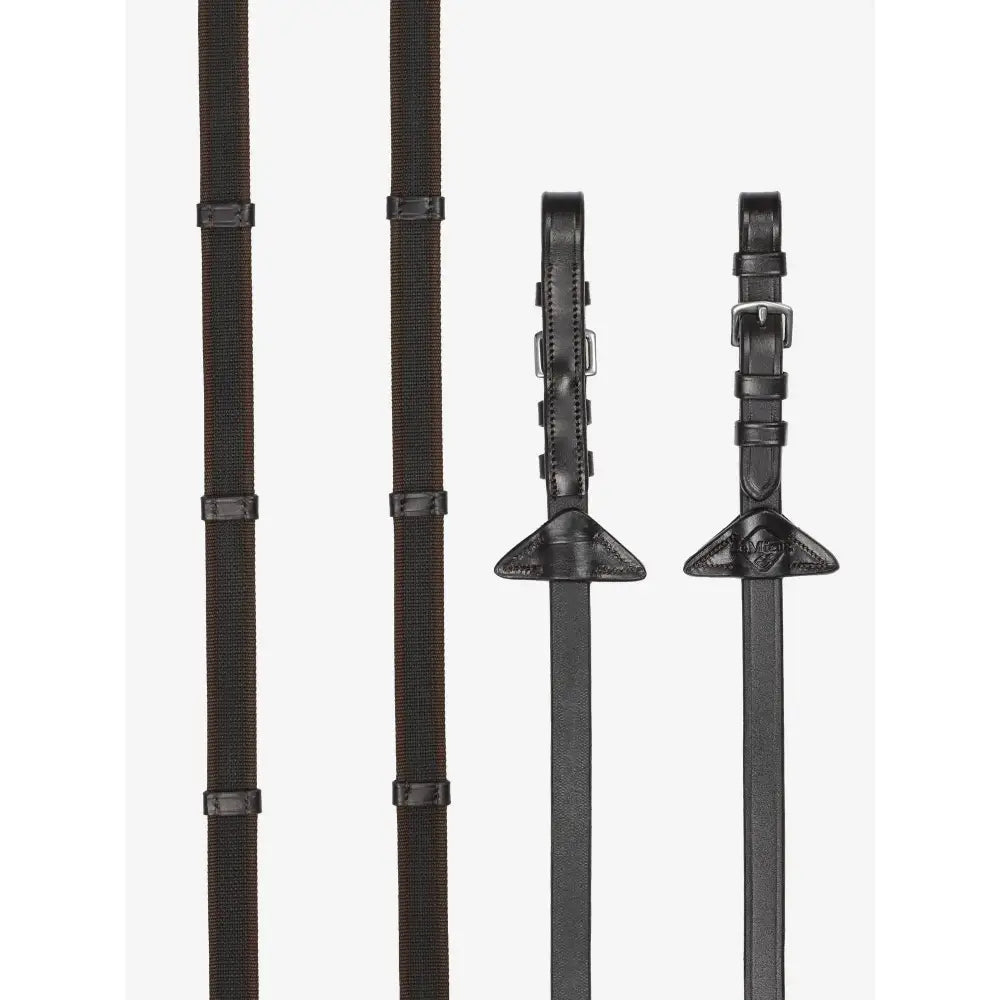 Black leather lemieux rubber grip continental reins with brown silver buckles and triangular end pieces