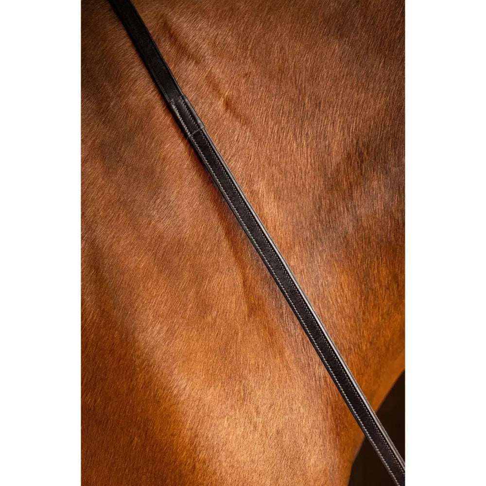 Black leather lemieux rubber half-lined reins brown with silver stitched edge detail for horseback riding