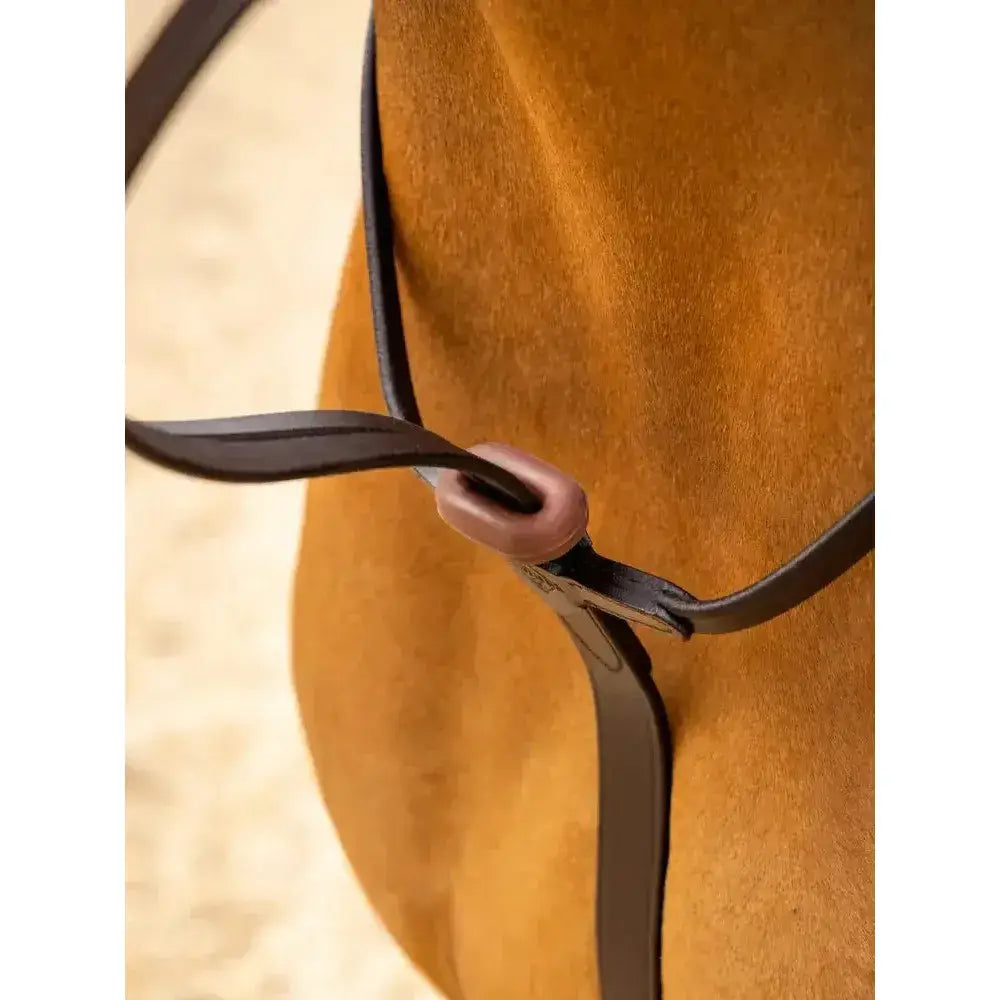 Black leather horse halter with rose-gold buckle paired with lemieux rubber martingale stoppers brown for secure fit