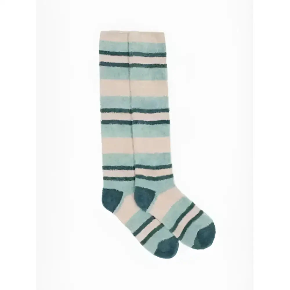 A pair of lemieux sabrina stripe fluffies knee-high socks with soft mint green and cream stripes for toes toasty warmth