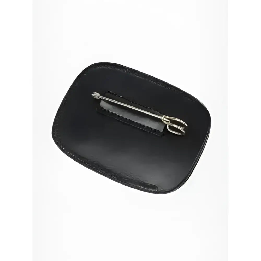 Black leather lemieux saddle number holder with silver safety pin attached ideal as a leather number holder saddle number holder