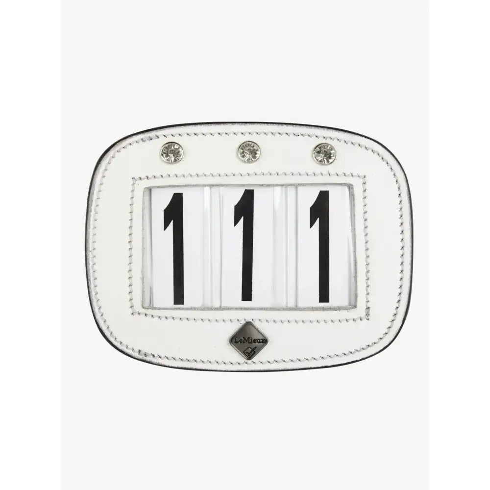 Lemieux saddle number holder in white leather with silver rhinestones and black 111 numerals for easy ID