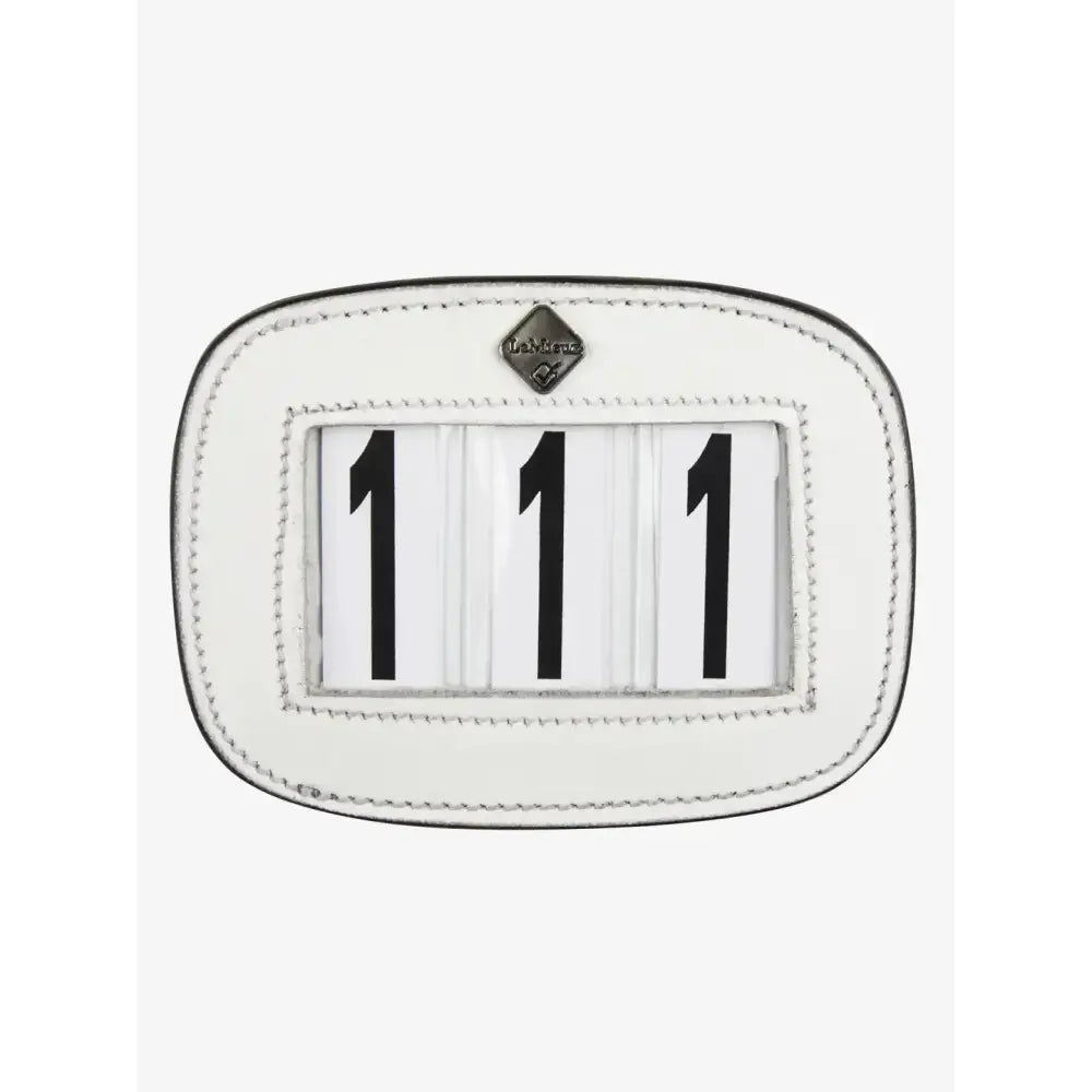 Lemieux saddle number holder in white leather with black numerals and silver stitching for 4 spaces saddle use