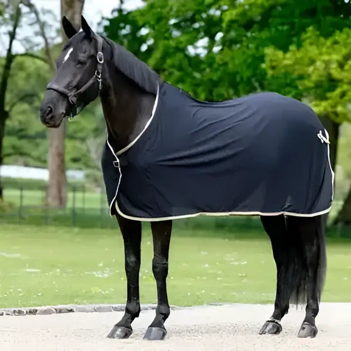 Black horse cooler rug with white trim lemieux scrim black made for breathable cooling and comfort