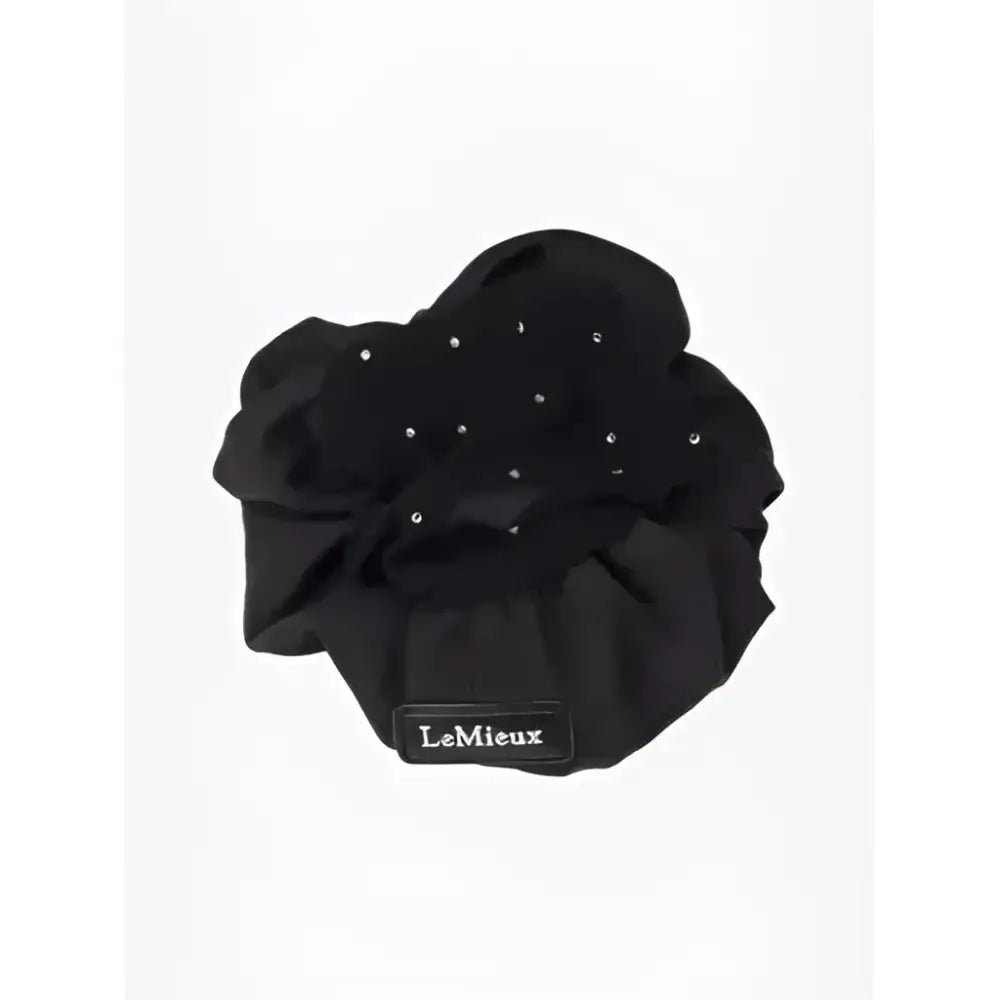 Black lemieux scrunchie with crystal hair net and silver rhinestones hair net black accessory detail visible