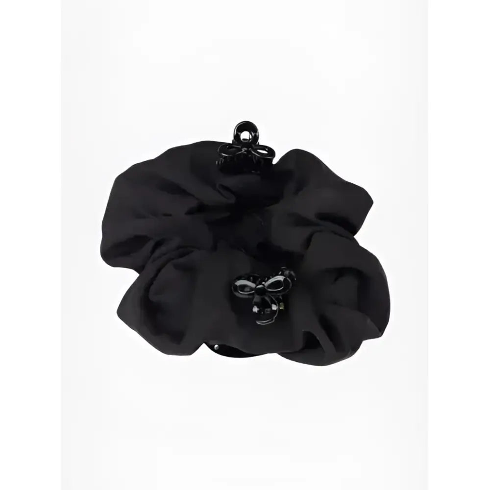 Black satin lemieux scrunchie with crystal hair net black and two glossy black bow-shaped metal clasps
