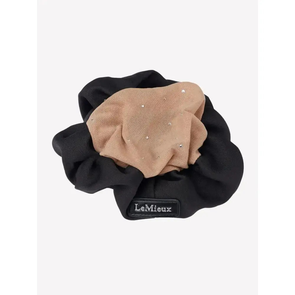 Beige sheer mesh lemieux scrunchie with tiny studs inside black blonde crystal hair net elastic band