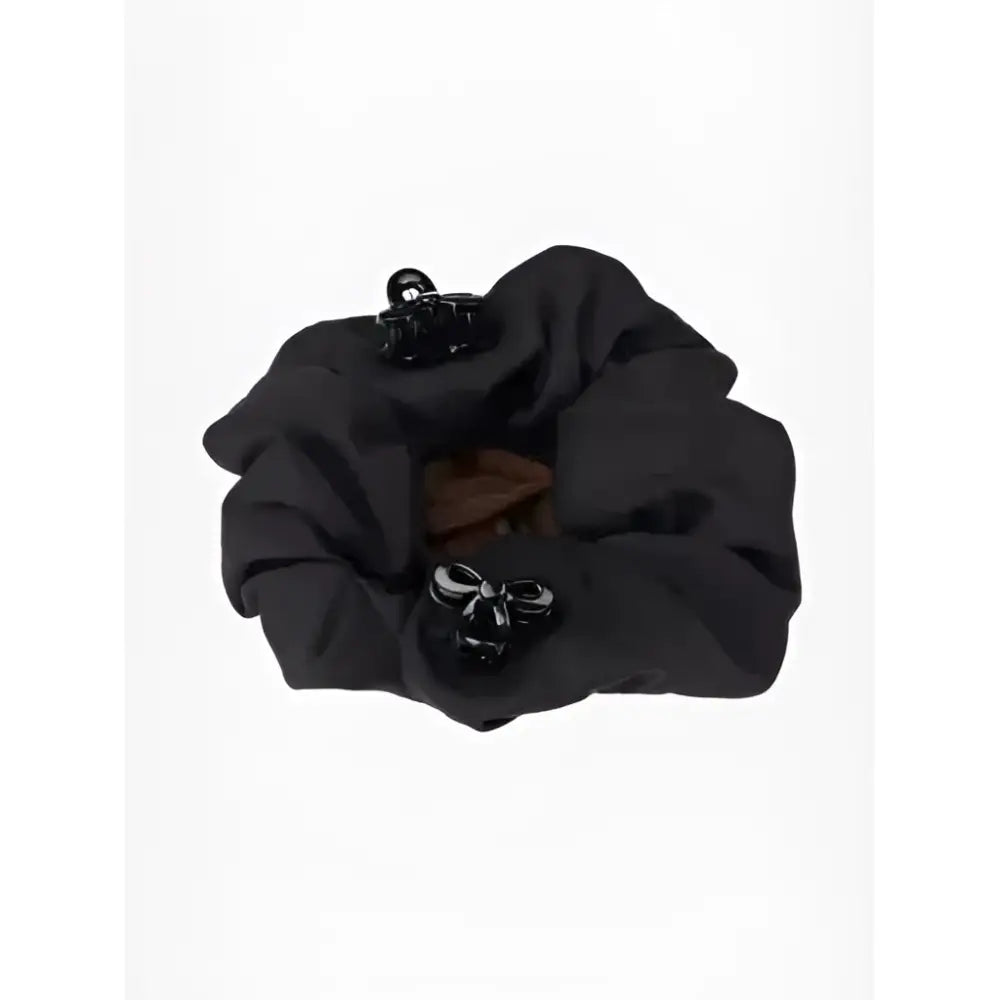 Black brown lemieux scrunchie with crystal hair net features glossy black metal bow and clip accents