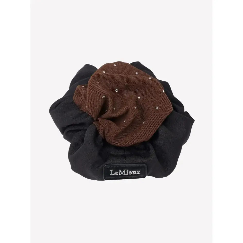 A lemieux scrunchie in black brown with textured fabric, silver rhinestones, and a crystal hair black brown band