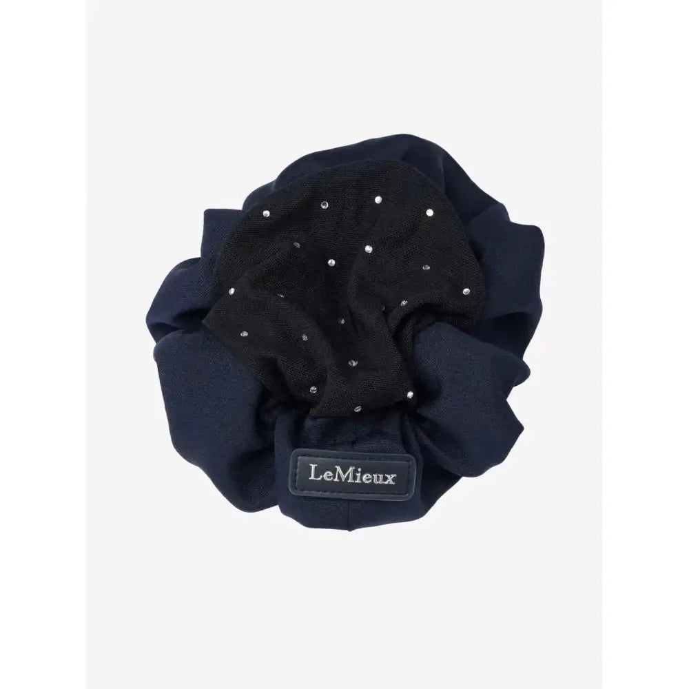 Black lemieux scrunchie with silver rhinestones and crystal hair net detail in navy black color with brand label visible