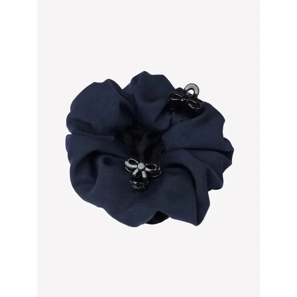 Navy blue fabric lemieux scrunchie with crystal hair net and two black bow metal clasps in navy black colors