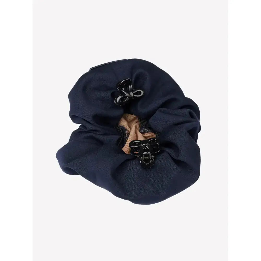 Navy blue lemieux scrunchie with black plastic bow clasp and crystal hair net in navy blonde for stylish hold