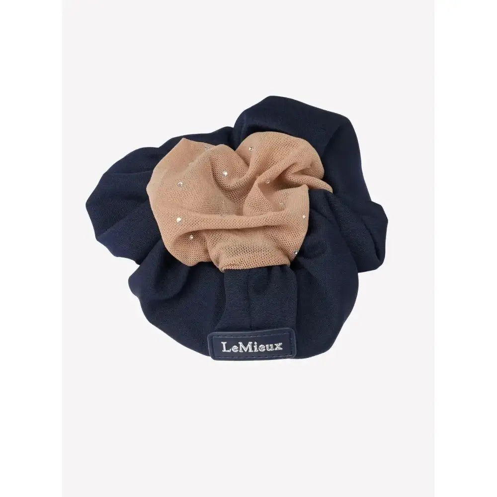 Navy blonde lemieux scrunchie with crystal hair net and subtle glitter accents in navy blue and beige fabric