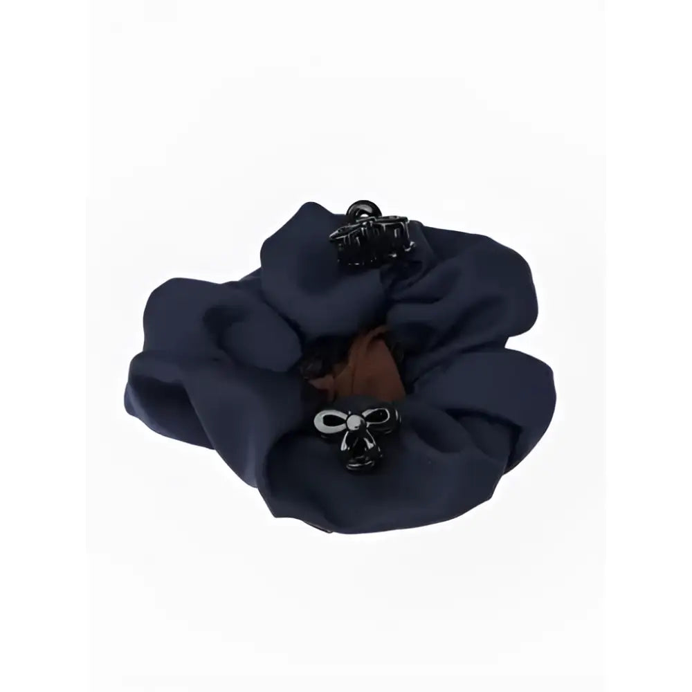 Navy brown lemieux scrunchie with crystal hair net featuring black metal claw and bow clips