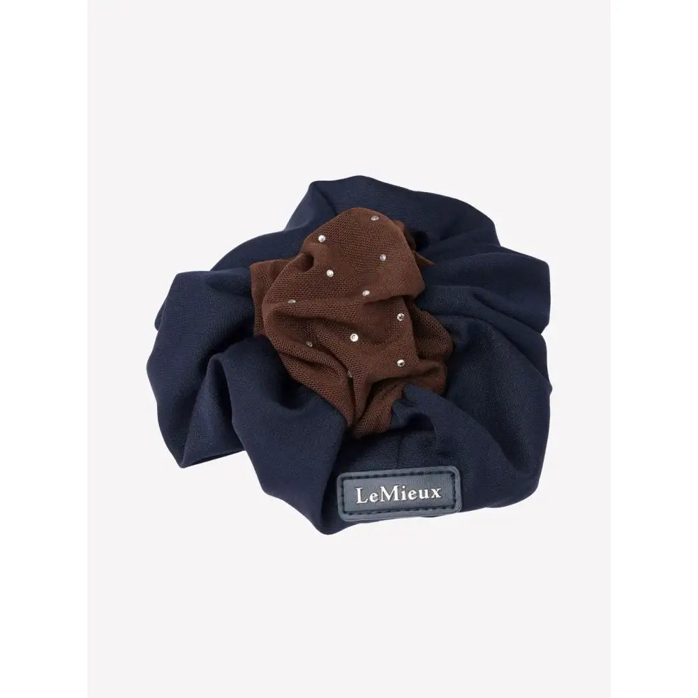Navy brown lemieux scrunchie with silver rhinestones featuring a crystal hair net detail for stylish hold