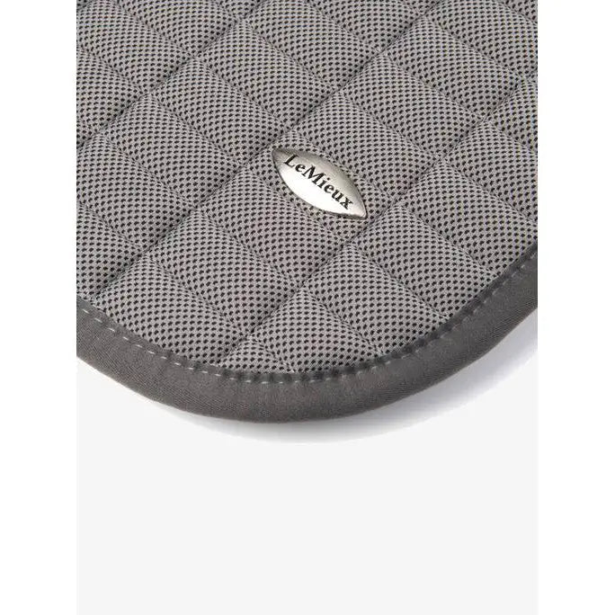 Gray quilted lemieux self-cool close contact saddle pad with mesh texture and silver lemieux logo in square polar grey