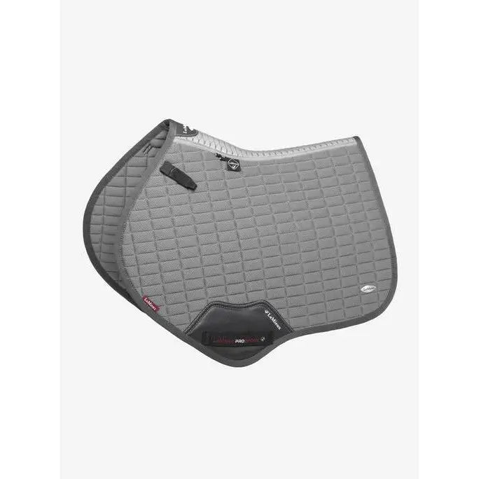 Gray quilted lemieux self-cool close contact horse saddle pad with black trim and logo patch in square polar grey