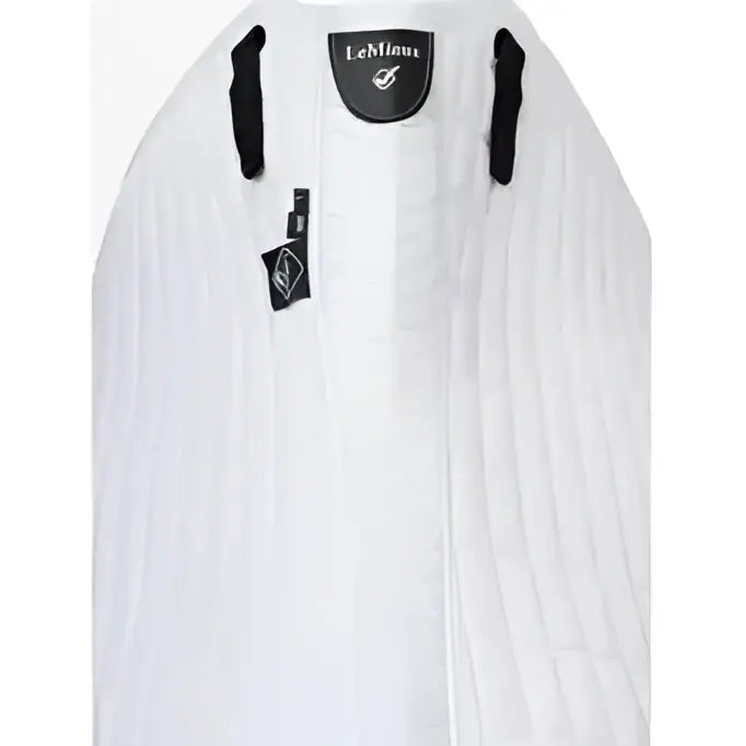 White ribbed knit sweater with black trim and lemieux label featuring arctic white dressage square with cooling effect