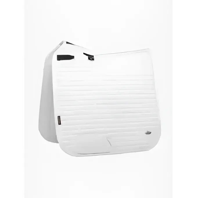 White quilted LeMieux self-cool dressage square in arctic white with black zipper pulls and cooling effect logo