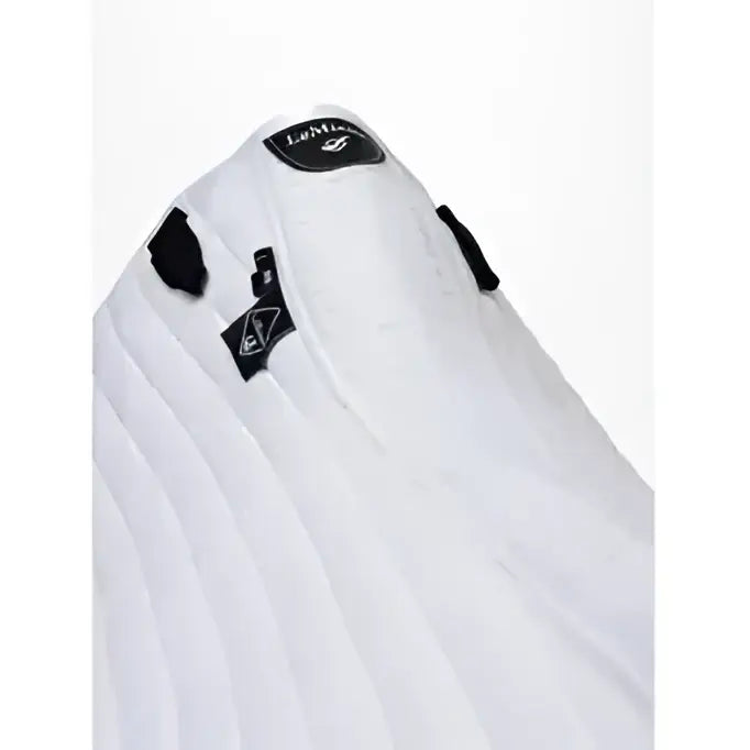 White ribbed knit sweater with black embroidered patches and lemieux label featuring cooling effect in arctic white dressage square