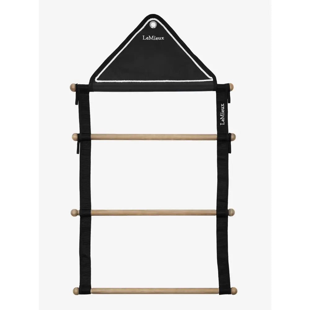 Black fabric rug hanging rack with light wood rungs and white stitching branded lemieux for rug hanging