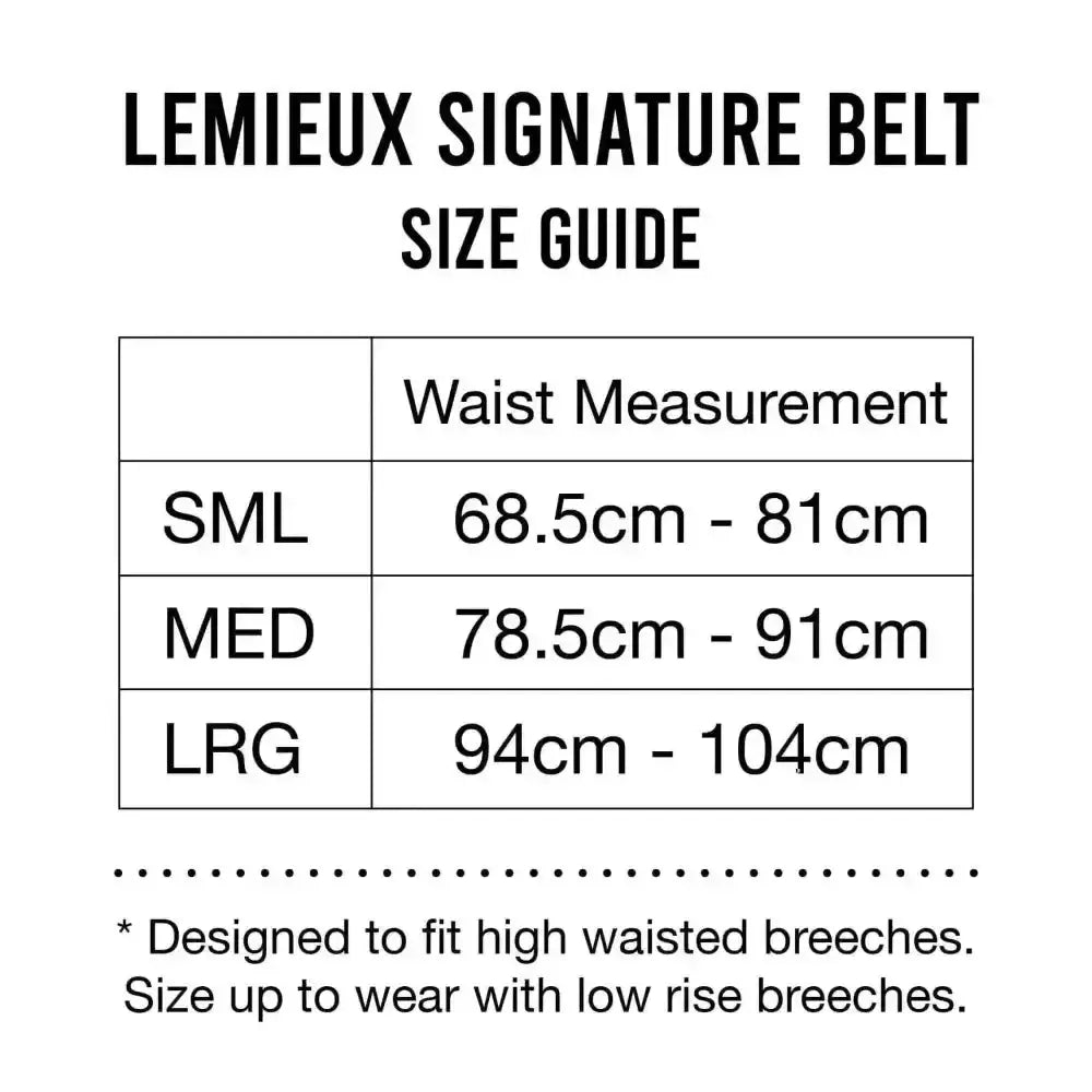Lemieux signature belt size guide chart showing waist measurements for small medium and large sizes on quality leather belt black