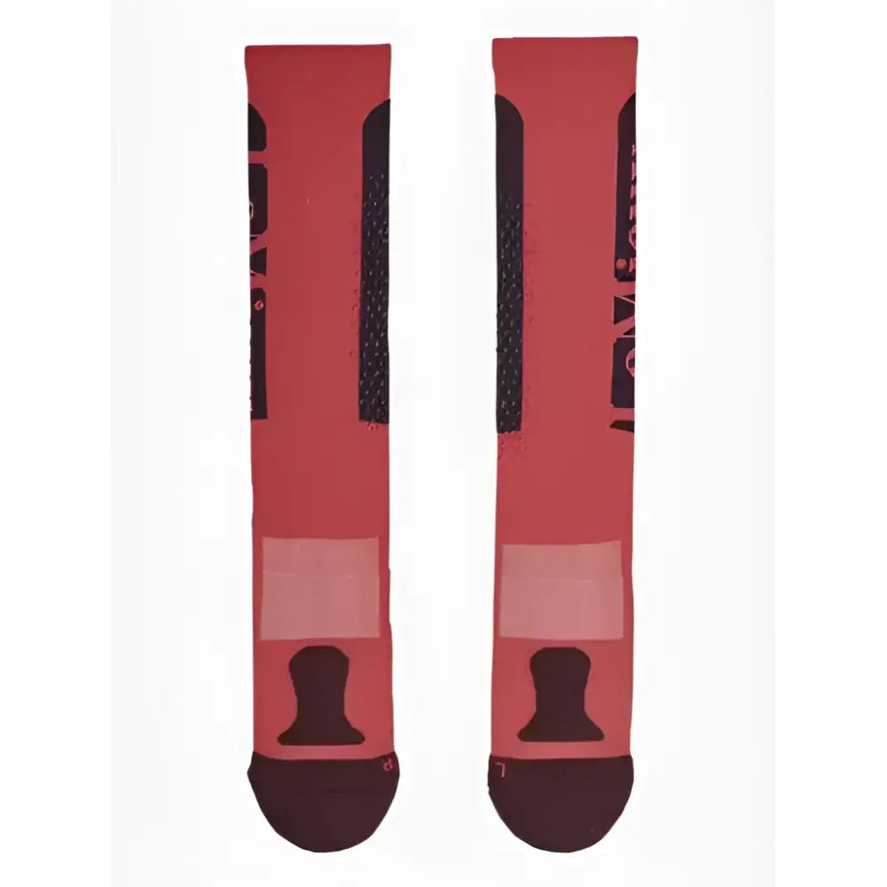 Red lemieux silicone socks cranberry with black accents, mesh panels, and reinforced toe and heel for athletic use