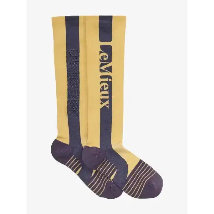 Yellow and navy blue lemieux silicone socks mimosa with levieux branding on the side for extra grip and comfort