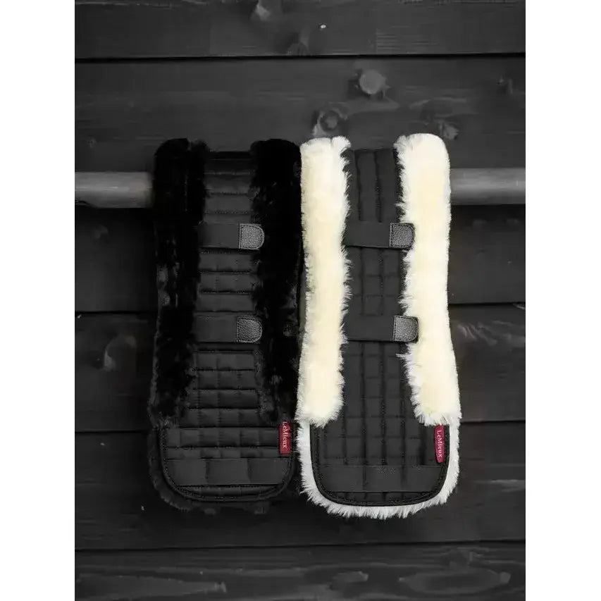 Black and white lemieux simuwool dressage girth cover natural with breathable half-lined sheepskin and adjustable straps