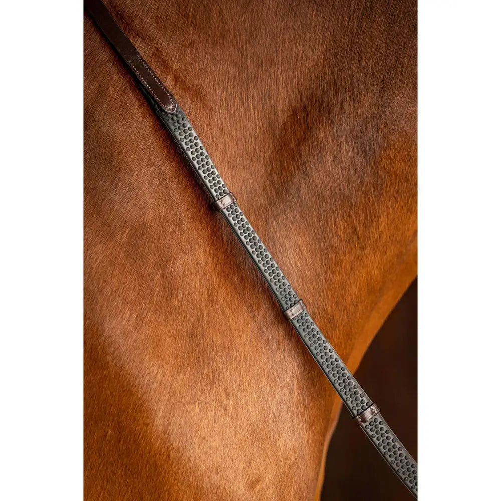 Black leather horse bridle strap with havana brass stoppers lemieux soft rubber and nylon lining prevents stretching