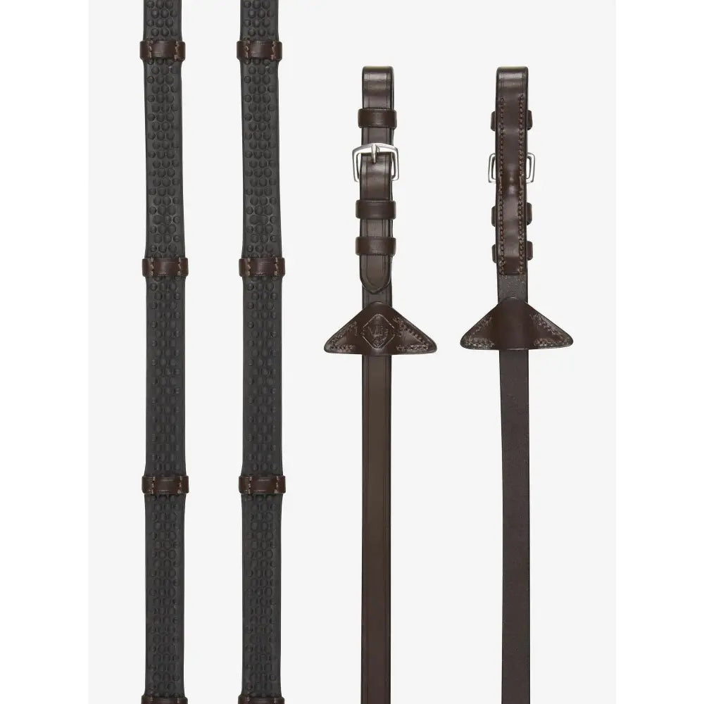 Lemieux soft rubber riding reins in havana with silver stoppers feature textured grip and nylon lining prevents stretching