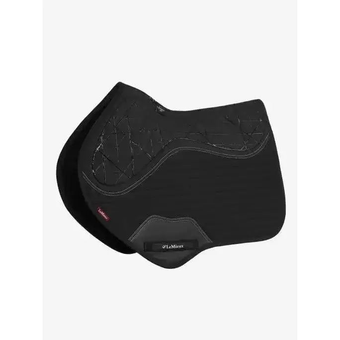 Black lemieux soft shell anti slip close contact square saddle pad with quilted design and gray accent panel