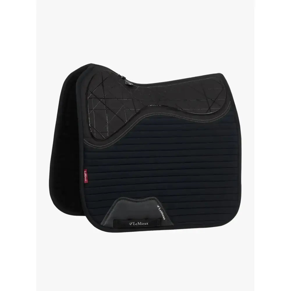 Black lemieux soft shell anti slip dressage square with quilted texture and subtle gray stitching details