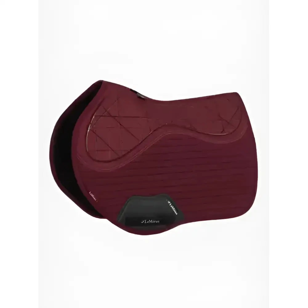 Lemieux soft shell anti slip eurojump square saddle pad in maroon with black trim and embossed geometric patterns