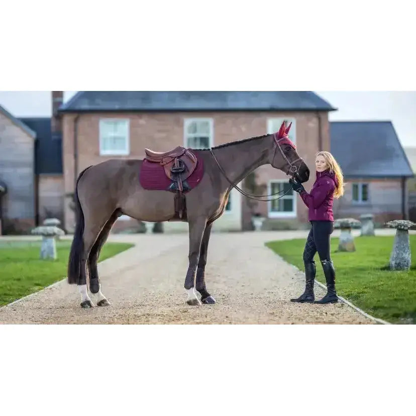 A brown horse wears a burgundy lemieux soft shell anti slip eurojump square saddle pad standing with a rider