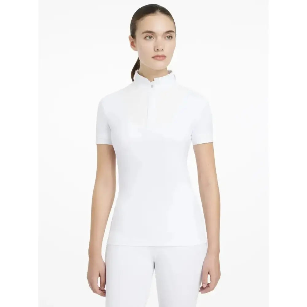 White lemieux sophia short sleeve pleated equestrian show shirt with high collar and zipper closure