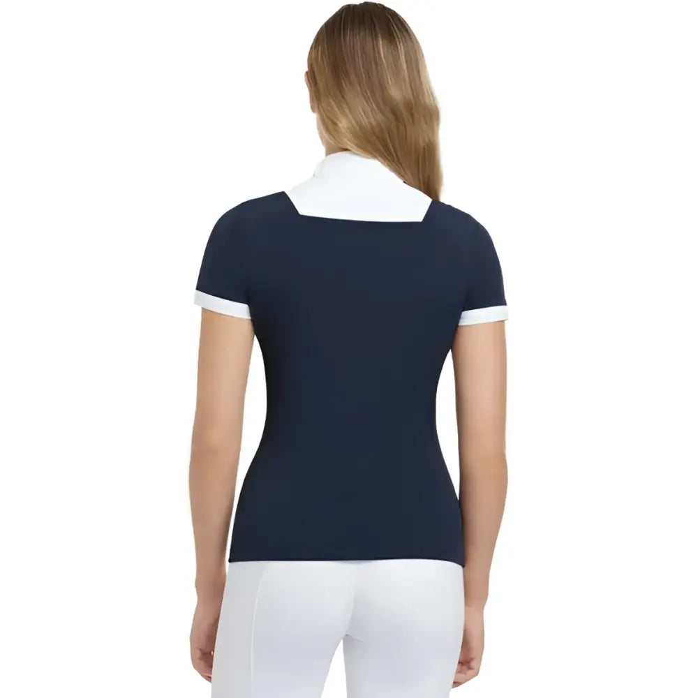 Navy blue LeMieux Sophia short sleeve show shirt with white collar and sleeve trim featuring beautiful neck detailing