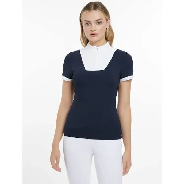 Navy blue and white LeMieux Sophia short sleeve show shirt with beautiful neck detailing and contrasting trim to achieve peak presentation